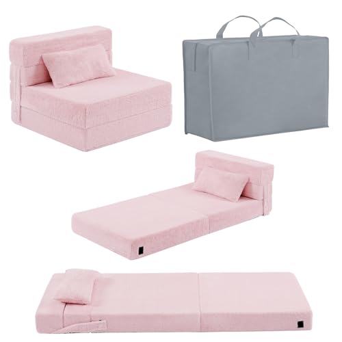Pink Plush Foldable Kids Sofa Bed with Pillow - Washable Floor Couch for Children