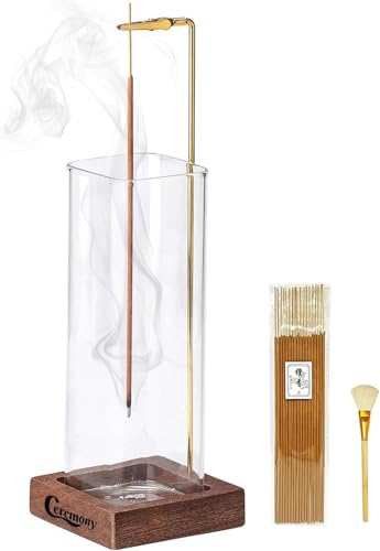 Wooden Incense Holder with Ash Catcher & Glass Burner Set with 20 Sticks