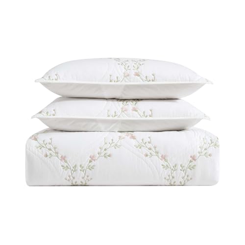 Full/Queen Floral Embroidered Cotton Quilt Set with Matching Shams - Pink