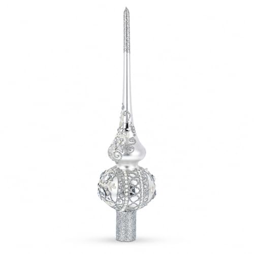 White Jewels Star on Glossy Silver Glass Christmas Tree Topper 11 Inches