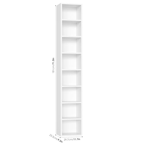 8-Tier Tall Narrow Bookshelf, White Slim Media Storage Tower with Adjustable Shelves