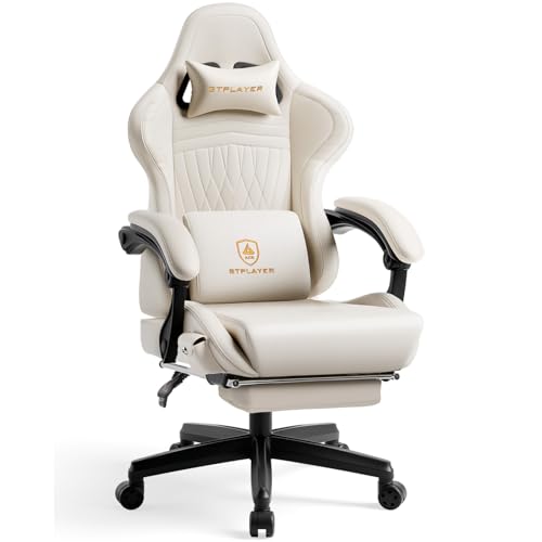 Ergonomic Gaming Chair with Bluetooth Speakers, Footrest and Recline, Off-White