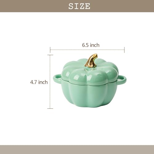 FYUEROPA Pumpkin Bowl Set with Lid & Handle, 4 Pcs Ceramic Ramekins 14 Oz Green