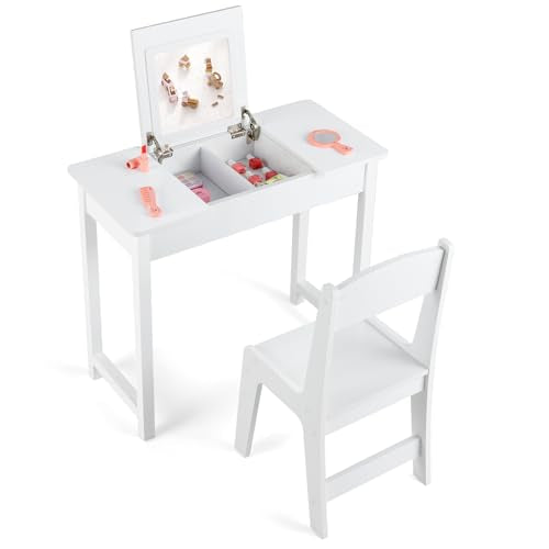 Kids 2-in-1 Vanity Set with Flip Top Mirror and Chair - Wooden Desk