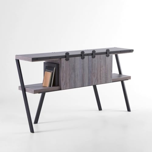 72-Inch Modern Desk Hutch with Storage, Drift Gray and Black Metal