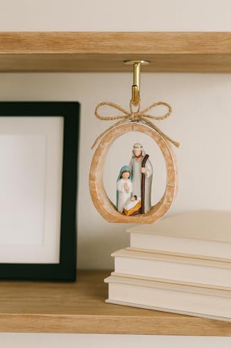Holy Family Nativity Scene Hanging Ornament - Hand-Painted Resin, Rustic Faux-Wood Ring, Christmas Decor, Religious Gift, Variation: Nativity Scene