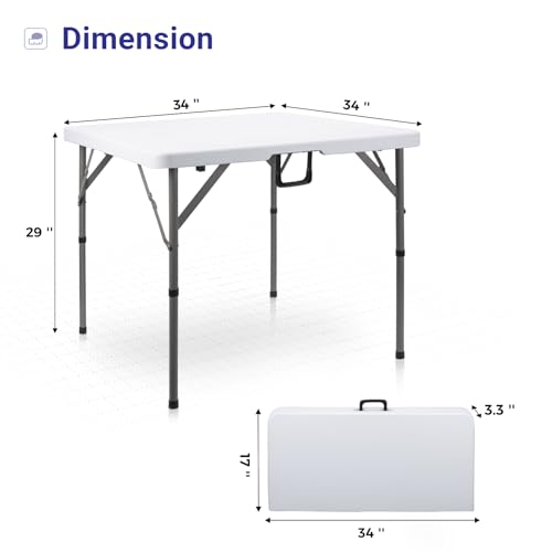 34" Square Folding Card Table, Portable HDPE Utility Table with Carry Handle