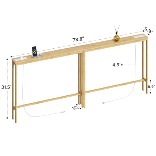 2-Pack Slim Bamboo Console Table with Charging Station, Narrow Sofa Table