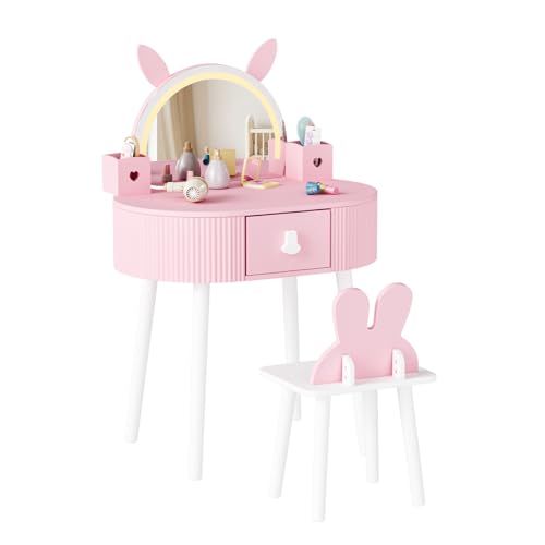 Kids Vanity Set with Lighted Mirror, Rabbit Design Table and Chair, Pink