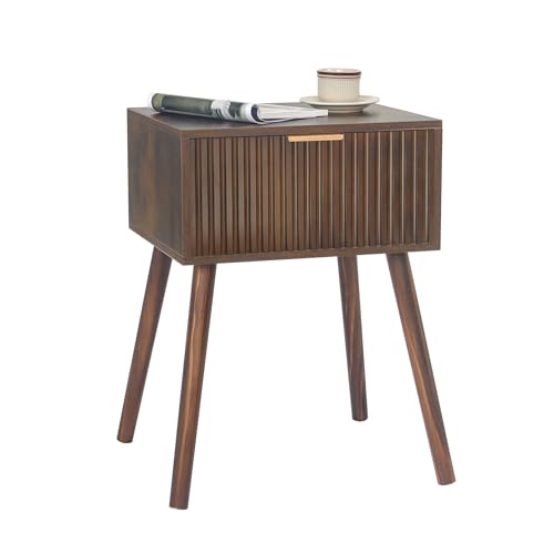 Mid-Century Fluted Nightstand with Drawer and Open Shelf, Walnut Finish