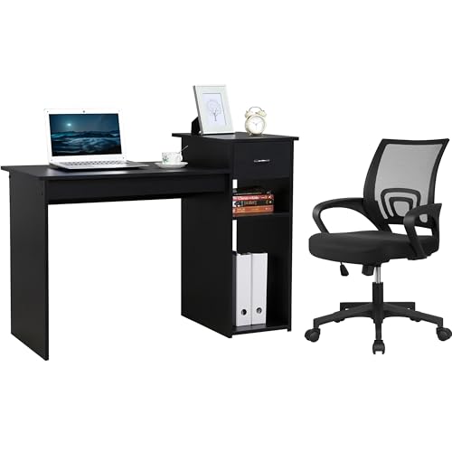 Computer Desk and Ergonomic Mesh Office Chair Set with Drawer and Storage