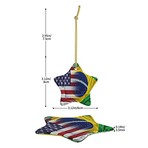 USA Brazil Flag Christmas Tree Ornament Ceramic Double-Sided Hanging Décor - One Size