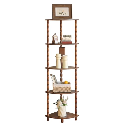 5-Tier Corner Bookshelf, Rustic Brown Wood Storage Display Shelf