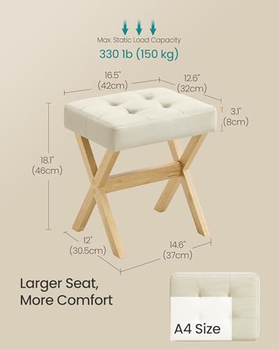Padded Vanity Stool with X-Shaped Wood Legs, Linen-Look Fabric Makeup Chair