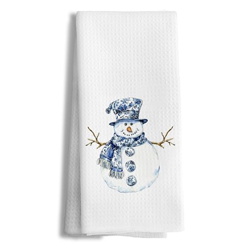 Blue & White Snowman Chinoiserie Hand Towels (Blue & White Snowman, 16x24) — Grandmillennial Kitchen & Bath D_Towel