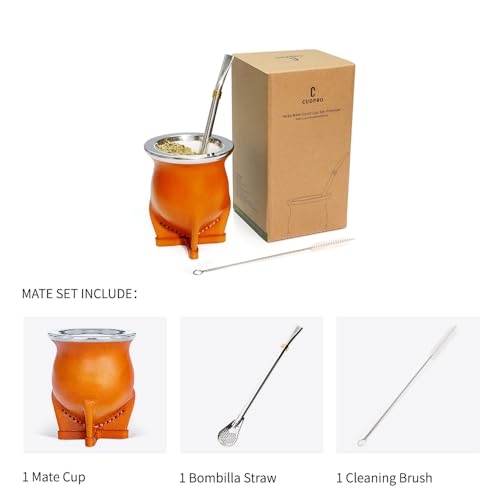 Cuopru Brown Argentina Yerba Mate Cup Set with Ceramic Liner & Bombilla Straw