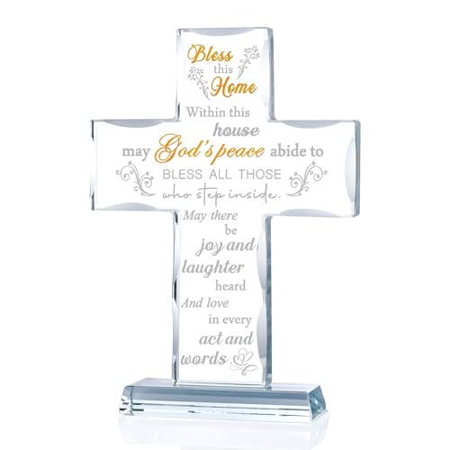 Engraved Glass Cross Housewarming Gift with Blessing Words, Home Decor
