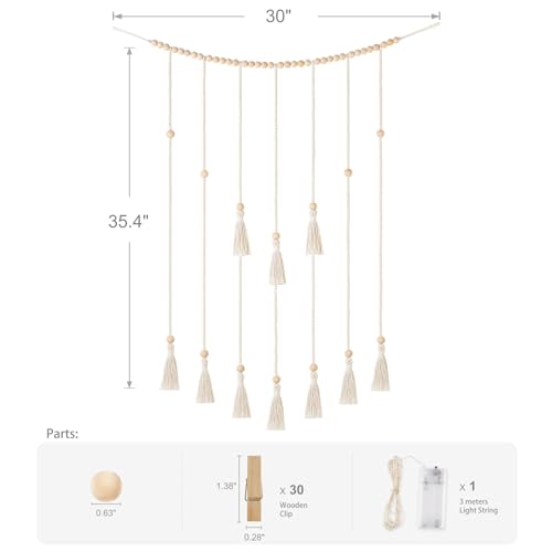 Macrame Hanging Photo Display with LED String Lights and 30 Wood Clips