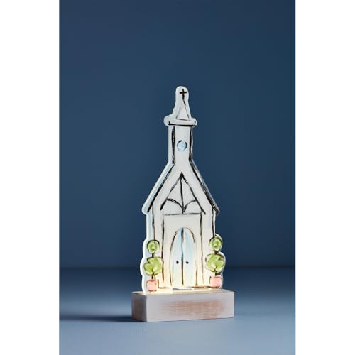 Acrylic Light-Up Church Decoration with Wood Base, 11-Inch Tall