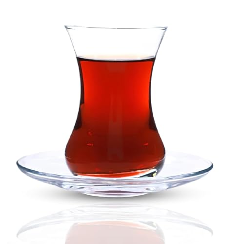 Pack of 6 Turkish Tea Glasses with Saucers - Authentic Small Tulip Shape Cups