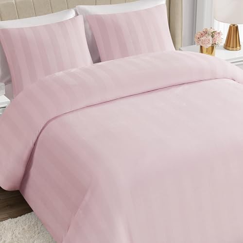 King Size Duvet Cover Set - Pink Striped Velour 3 Piece Bedding