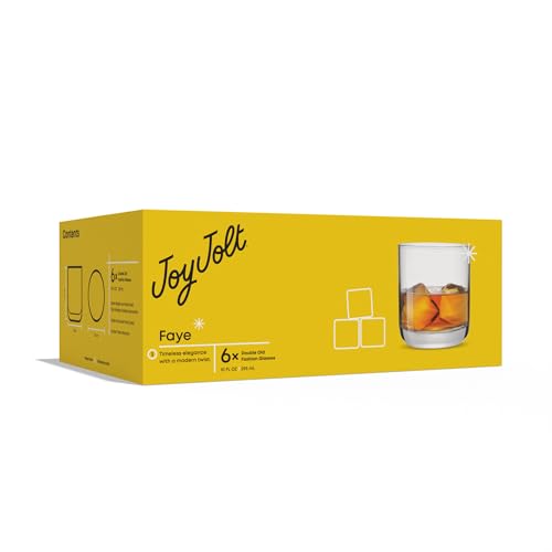 JoyJolt Faye Crystal Whiskey Glasses Set of 6, 10oz Short Tumblers for Scotch & Bourbon