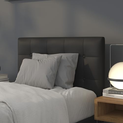 Adjustable Height Button Tufted Twin Headboard, Black Vinyl Upholstered