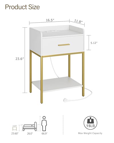 Modern 3-Tier Bedside Nightstand with Charging Station and Storage Drawer