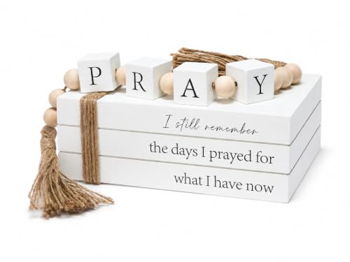 Farmhouse Decorative Faux Book Stack with Pray Garland and Wood Tassels