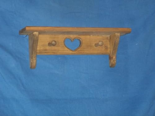 16-Inch Rustic Wooden Wall Shelf with Heart and Pegs, Walnut Stained