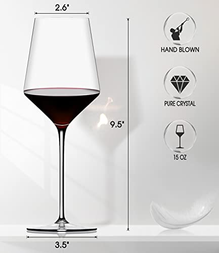 Hand-Blown Crystal Wine Glasses Set of 4 - 15 oz Long Stem Red & White