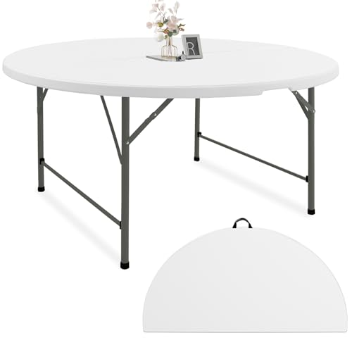 5ft Round Folding Table, Portable Fold-in-Half Plastic Picnic Table