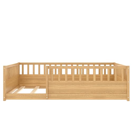 Full Size Montessori Floor Bed Frame with Safety Fence, Solid Wood
