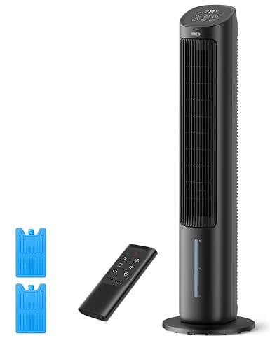 Evaporative Air Cooler - 40" Oscillating Tower Fan with Remote, 4 Speeds, Ice Packs, 7H Timer, Black