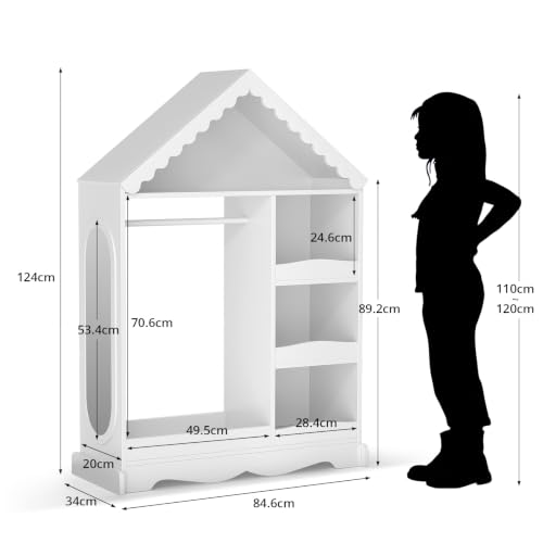 Kids Wardrobe Closet with Mirror, Hanging Rod & Storage Shelves (White)