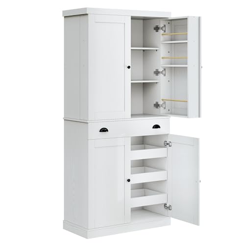72" Tall Kitchen Pantry Cabinet with Sliding Racks and Drawer, White