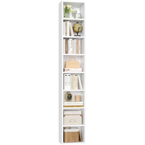 8-Tier Tall Narrow Bookshelf, White Slim Media Storage Tower with Adjustable Shelves