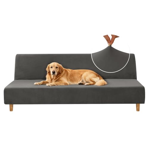 Full Size Velvet Futon Cover - Stretch Armless Sofa Protector, Gray