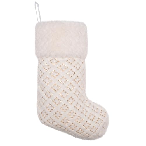 Large White Christmas Stockings Set of 5 Holiday Decor with Gold Pattern