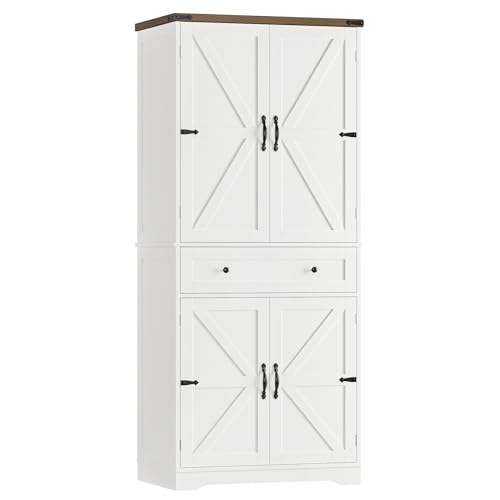 HOSTACK 71-Inch Farmhouse Kitchen Pantry Cabinet White and Rustic Brown, Rustic Storage Cabinet with Barn Doors