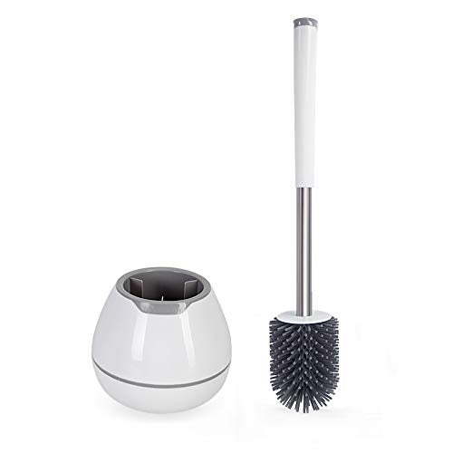 Silicone Toilet Brush and Holder Set with 16" Aluminum Handle & Tweezer - White