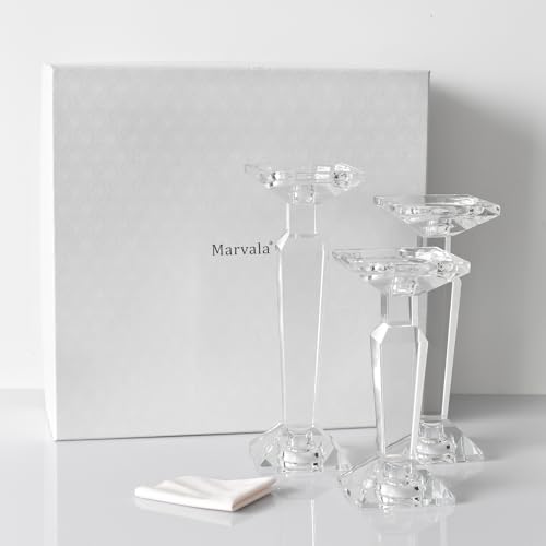 Marvala Crystal Candelabra Set - 3-in-1 Reversible Candle Holders for Taper, Pillar & Tealight Candles - SML Set of 3