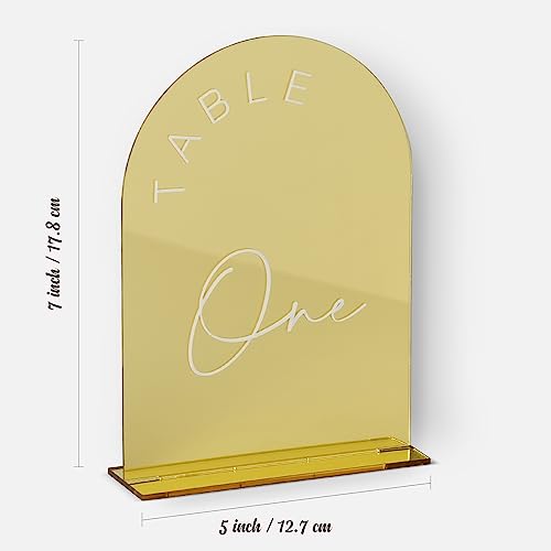 Gold Mirror Arched Acrylic Table Numbers 1-10 with Stands (5x7 Inch)