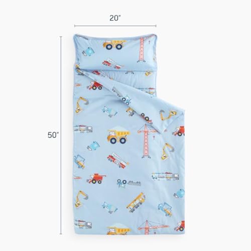 Toddler Nap Mat with Pillow and Blanket - 100% Cotton, Cars and Trucks Print
