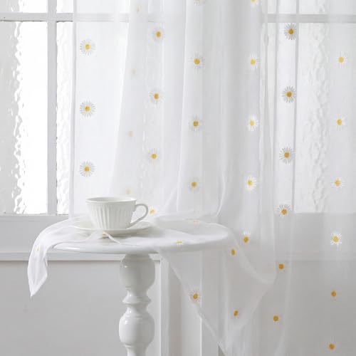 Ivory Daisy Flower Sheer Curtains - 2 Panels, 52x84 Inches