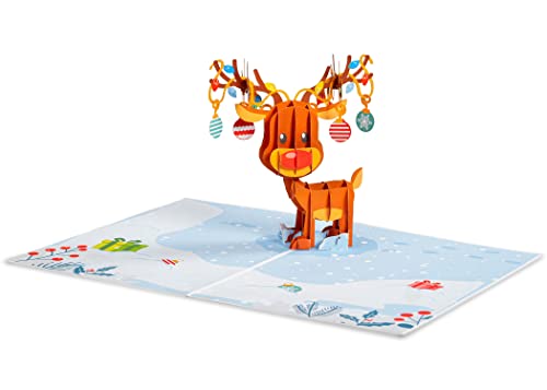 Paper Love 3D Reindeer Pop Up Christmas Card with Envelope & Removable Note Tag (5 x 7) - Reindeer Variation