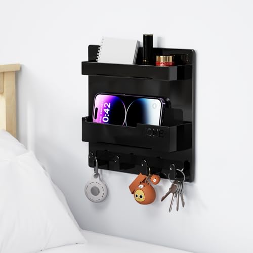 Bedside Wall Mount Organizer Shelf with Hooks and Adhesive Backing