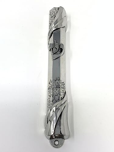Decorative Metal Mezuzah Case - 6-Inch Silver-Tone Old City Design