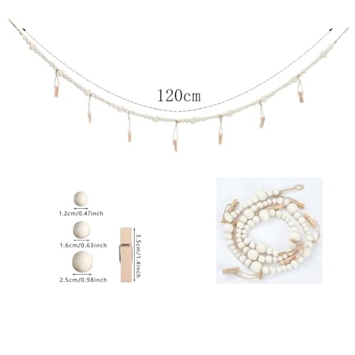 2PCS Boho Hanging Photo Display with Wood Beads and Clips, 47.2-inch Wall Decor