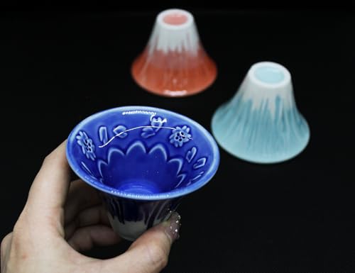 Waraku Fuuka 3-Pack Mount Fuji Sake Cups - Blue Red Snow Porcelain Ochoko Gift Set